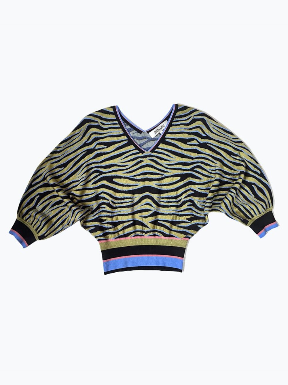 Diane Von Furstenberg Black and Olive Zebra V-Neck Sweater - Picture 2 of 9